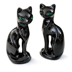 Vintage Artmark Black Ceramic Cat Figurines 8" Green Eyes MCM Taiwan Set of 2